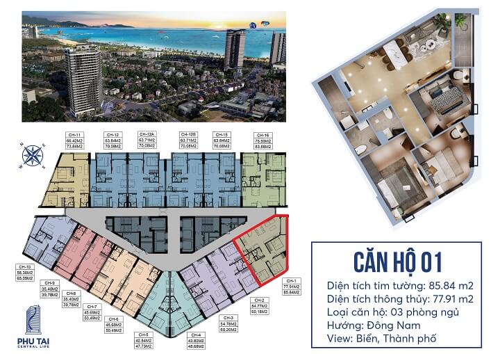 Mặt bằng căn hộ 3 phòng ngủ Chung cư Phú Tài 2 Central Life Quy Nhơn 01