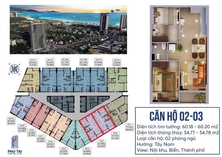 Mặt bằng căn hộ 2 phòng ngủ Chung cư Phú Tài 2 Central Life Quy Nhơn 02 - 03