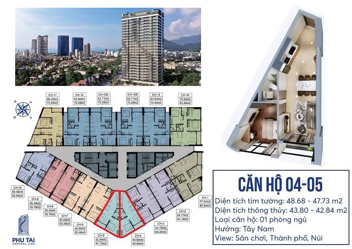 Mặt bằng căn hộ 1 phòng ngủ Chung cư Phú Tài 2 Central Life Quy Nhơn 04 - 05