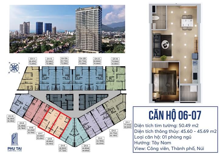Mặt bằng căn hộ 1 phòng ngủ Chung cư Phú Tài 2 Central Life Quy Nhơn 06 - 07