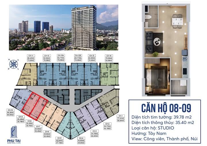 Mặt bằng căn hộ Studio Chung cư Phú Tài 2 Central Life Quy Nhơn