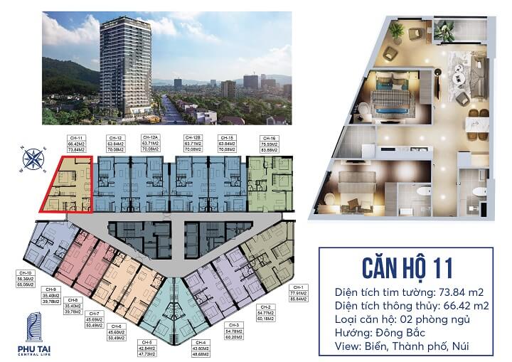 Mặt bằng căn hộ 3 phòng ngủ Chung cư Phú Tài 2 Central Life Quy Nhơn số 11