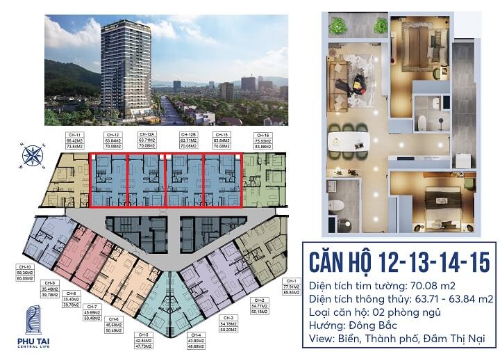 Mặt bằng căn hộ 2 phòng ngủ Chung cư Phú Tài 2 Central Life Quy Nhơn 12-13-14-15