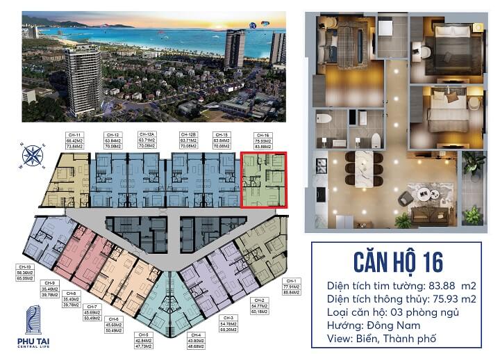 Mặt bằng căn hộ Phú Tài Central Life 16