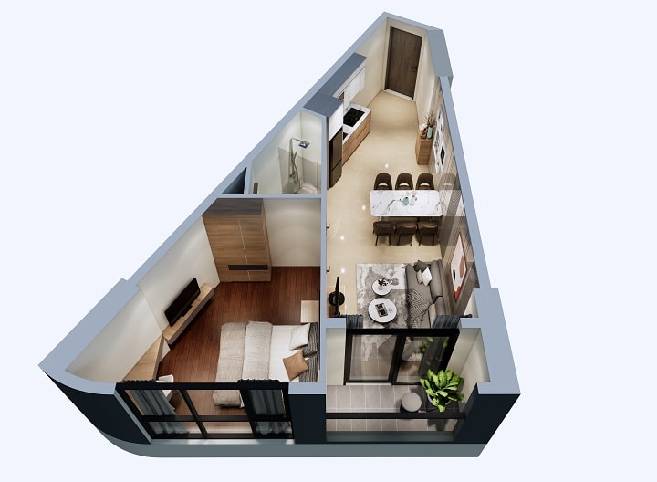 Phối cảnh căn hộ 1 phòng ngủ 42m2 dự án Phú Tài Central Life