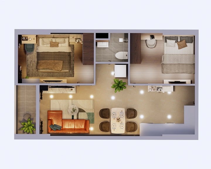 Phối cảnh căn hộ 2 phòng ngủ số 02 03 Phú Tài Central Life