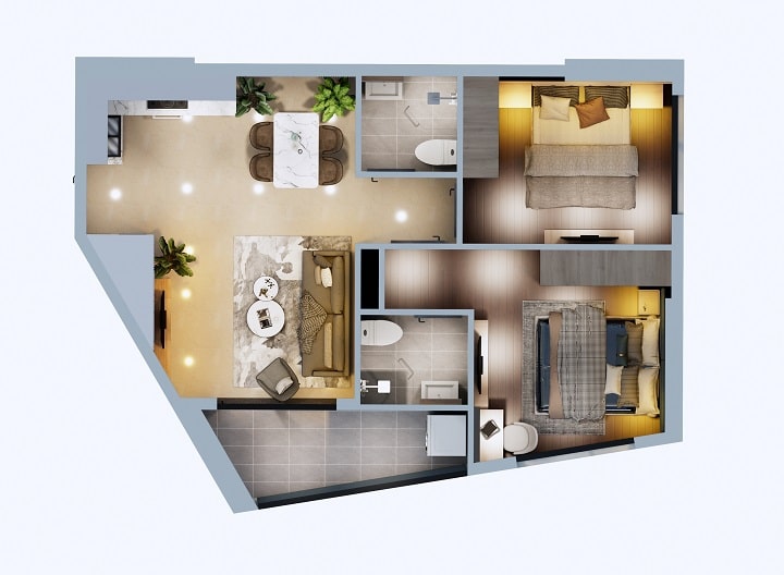 Phối cảnh căn hộ 2 phòng ngủ số 10 Phú Tài Central Life