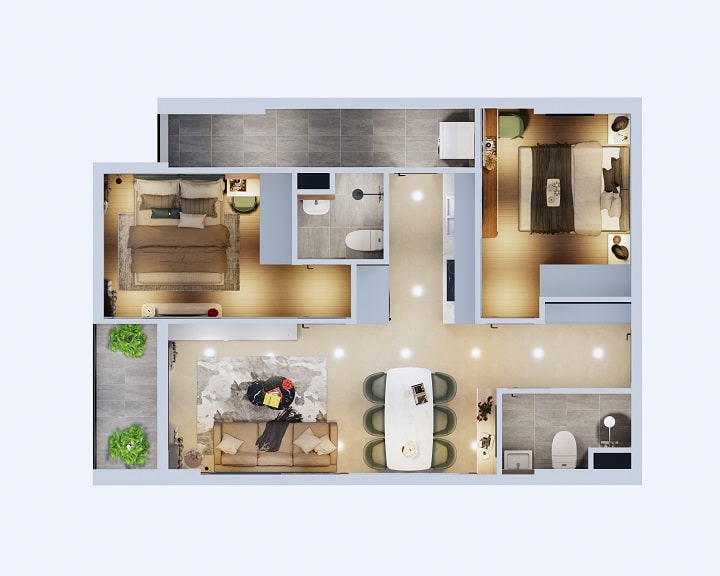 Phối cảnh căn hộ 2 phòng ngủ số 12 13 14 15 Phú Tài Central Life