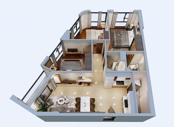 Phối cảnh căn hộ 3 phòng ngủ số 01 Phú Tài Central Life