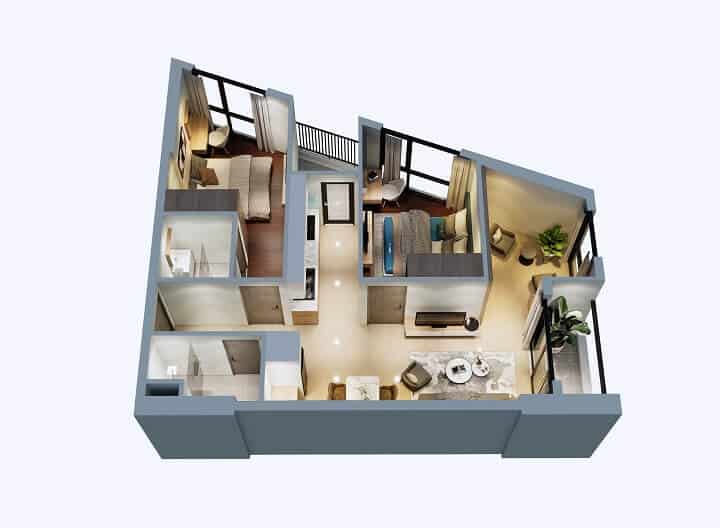 Phối cảnh căn hộ 3 phòng ngủ số 11 Phú Tài Central Life
