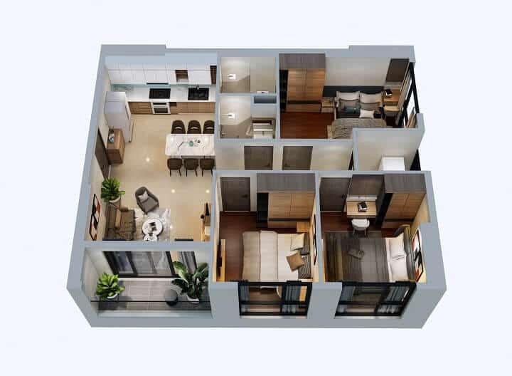 Phối cảnh căn hộ 3 phòng ngủ số 16 Phú Tài Central Life