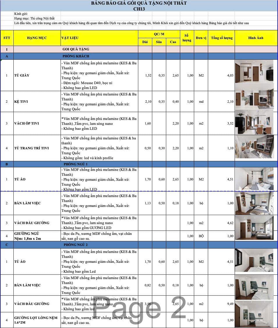 Danh mục nội thất bàn giao căn hộ 2 phòng ngủ Phú Tài Central Life